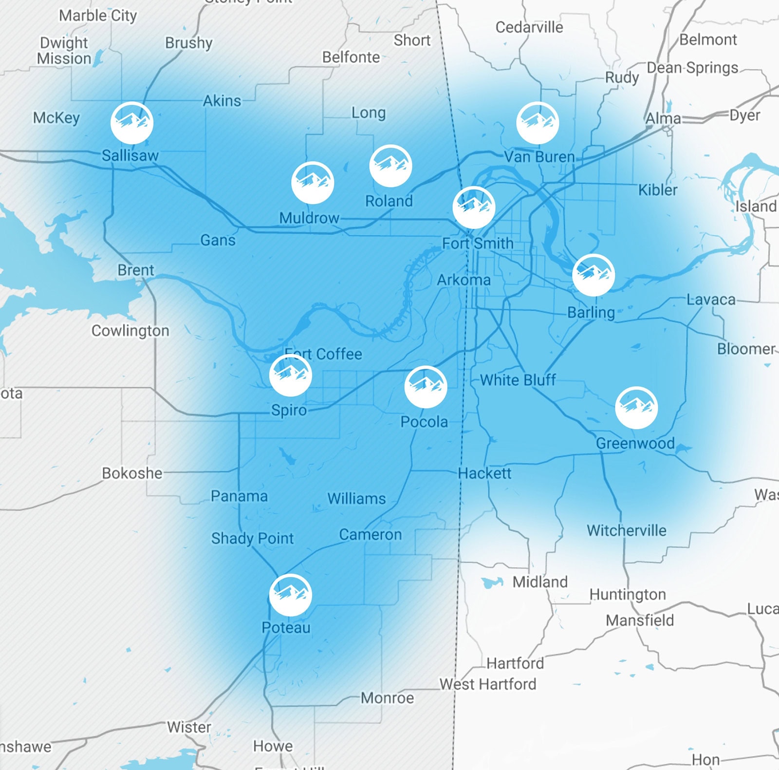 Service area map for Mountain Air Cooling & Heating in Roland, OK, covering Sequoyah County and the surrounding area.