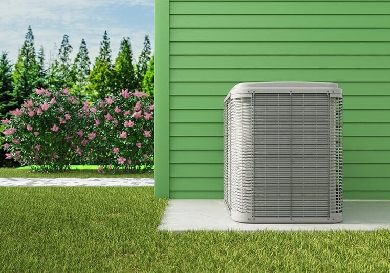 Heat Pump System Installed on Modern Building Exterior.