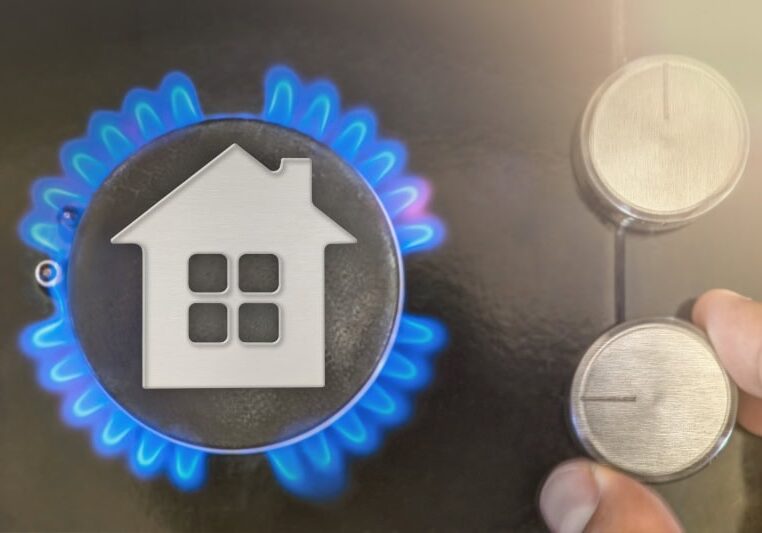 the model of the house stands near the flame of a gas boiler.