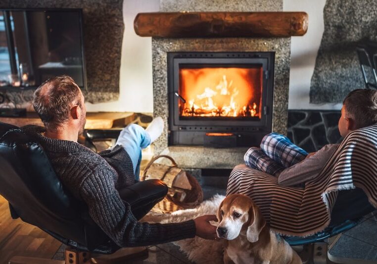Father with son sitting in comfortable armchairs in their cozy country house near fireplace and enjoying a warm atmosphere and flame moves. Their beagle friend dog sitting beside on white sheepskin.